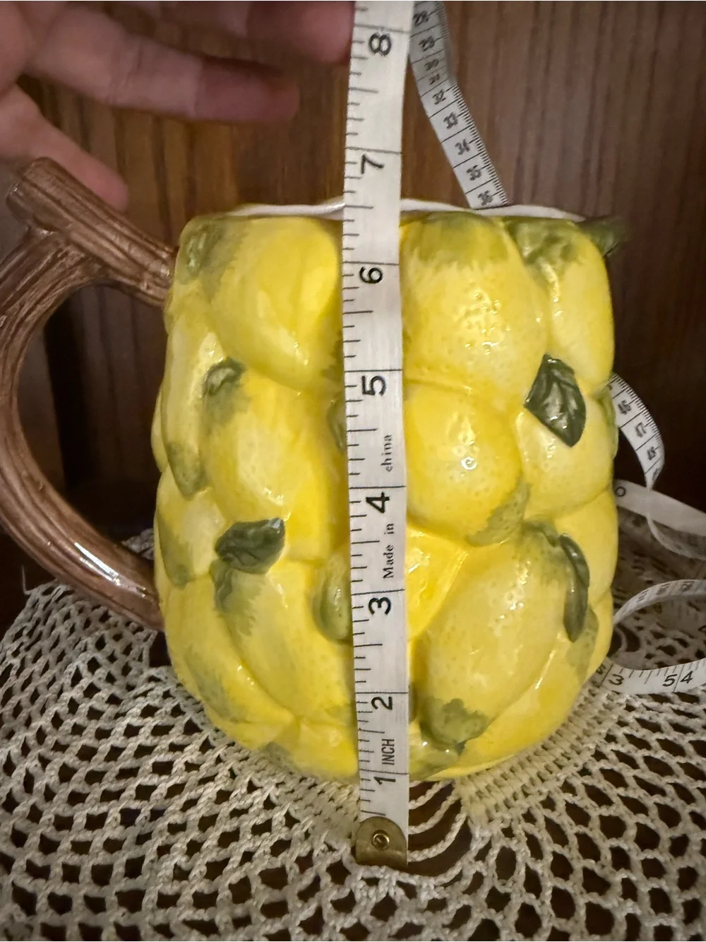 Hand-Painted Yellow Ceramic Lemon Pitcher with Leaf Accents